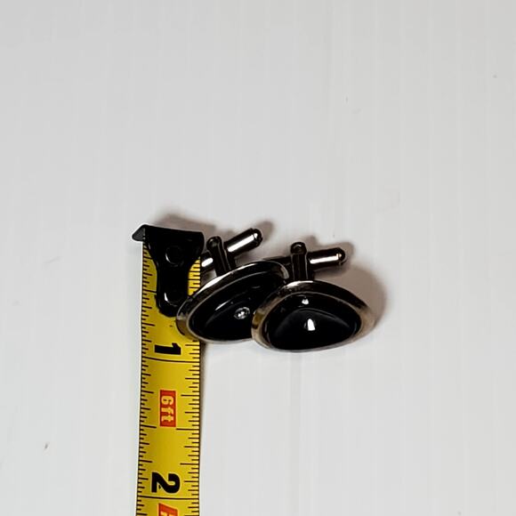 Silver Tone Clear Rhinestone Black Cufflinks .5" Vtg Unsigned - Picture 3 of 3